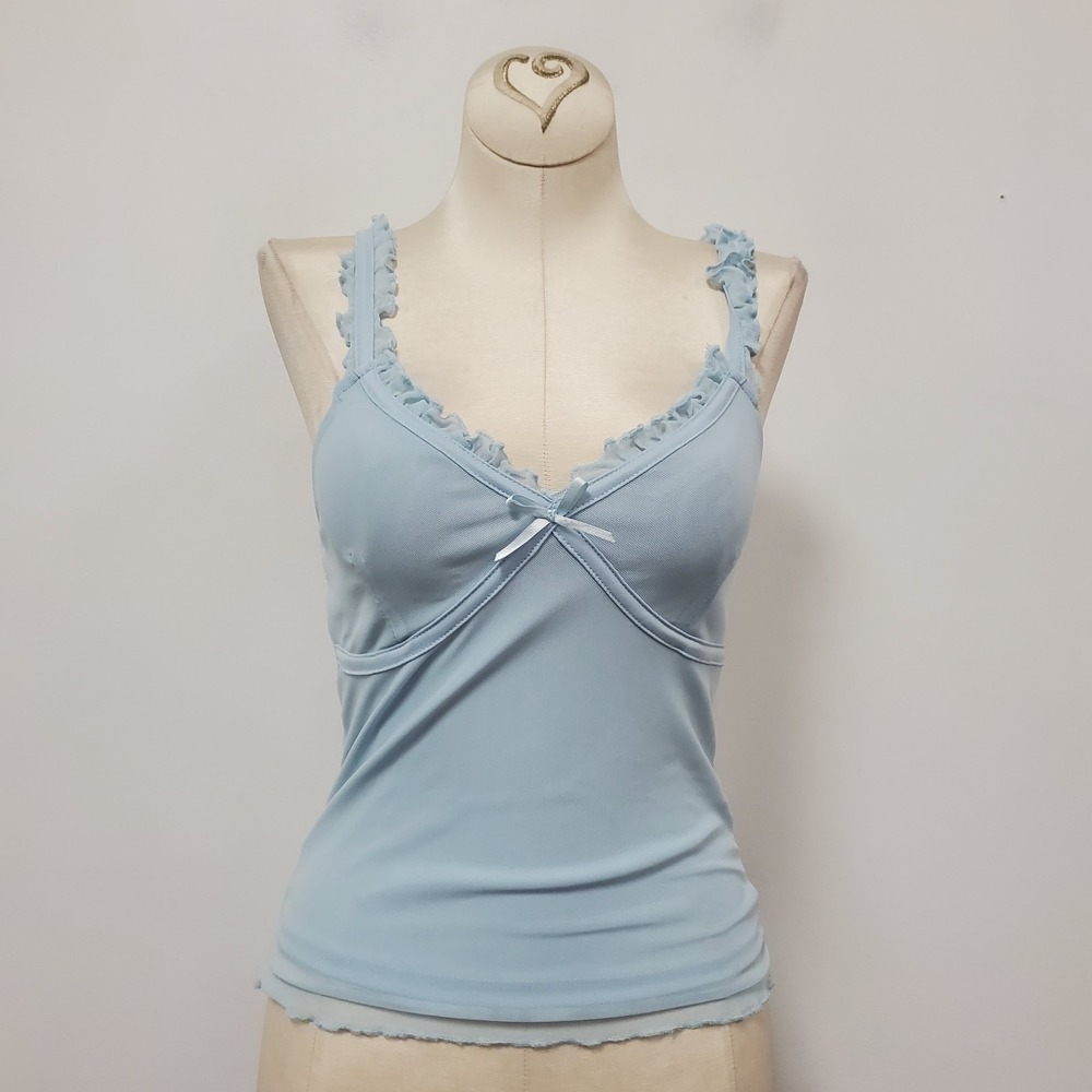 Madden Girl Y2K Babydoll Top Size S Coquette Baby Blue Bow Lettuce Trim Elena